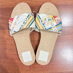 Tory Burch Benton Multicolor Ribbon Printed Canvas Espadrille Open Toe Sandal 8